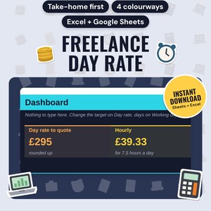 Freelance Day Rate Calculator UK 2026/27: main listing photo showing the product with an 'Instant download' badge and flat coins, alarm clock, laptop and calculator icons. Digital product from Neat Wren Studio.