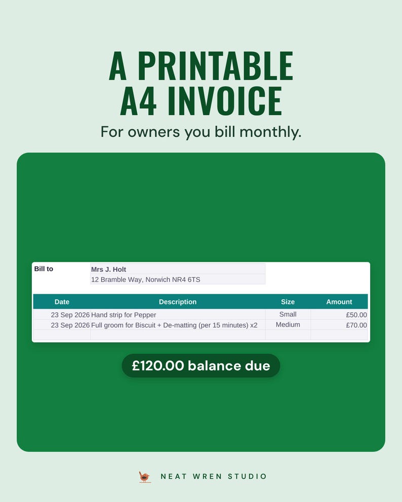 Printable A4 invoice billed to an owner for two dogs