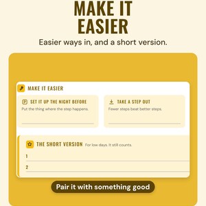 The Make it easier and The short version sections of the routine builder sheet, with prompts such as Set it up the night before.