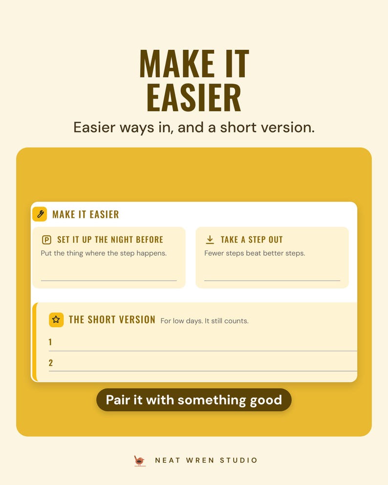 The Make it easier and The short version sections of the routine builder sheet, with prompts such as Set it up the night before.