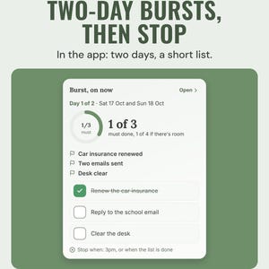 Calm Week burst tile: day 1 of 2, 1 of 3 musts done, what done looks like and the must list to tick.