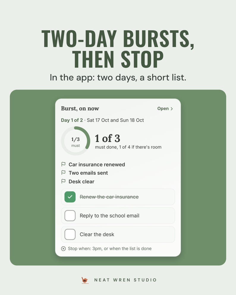 Calm Week burst tile: day 1 of 2, 1 of 3 musts done, what done looks like and the must list to tick.