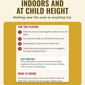 The scavenger hunt rules page with steps for the players and a safe and kind note, under the headline Indoors and at child height, and the line Nothing near the oven or anything hot.