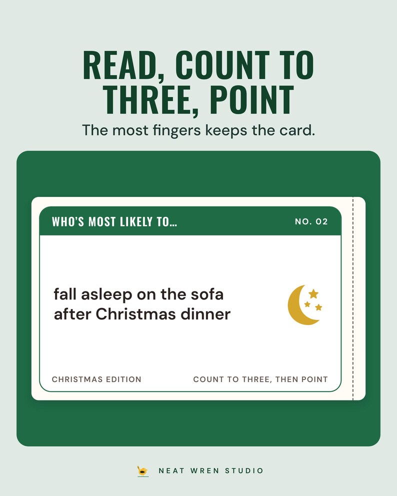 A who's most likely to card that reads fall asleep on the sofa after Christmas dinner, under the headline Read, count to three, point, and the line The most fingers keeps the card.
