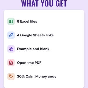 A white card under the headline What you get: 8 Excel files, 4 Google Sheets links, example and blank, an Open-me PDF and 30% Calm Money code.