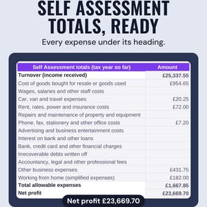Self Assessment totals by HMRC expense heading with net profit