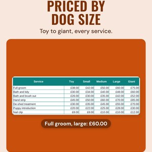 Price list by dog size from toy to giant for each grooming service