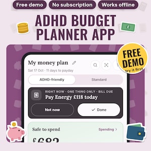 ADHD Budget Planner App: main listing photo showing the product with a 'Free demo' badge and flat coins, banknote, piggy bank and wallet icons. Digital product from Neat Wren Studio.