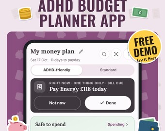 ADHD Budget Planner App | Safe to Spend Today, Bills, Debts and Savings Goals, Works Offline, Free Demo