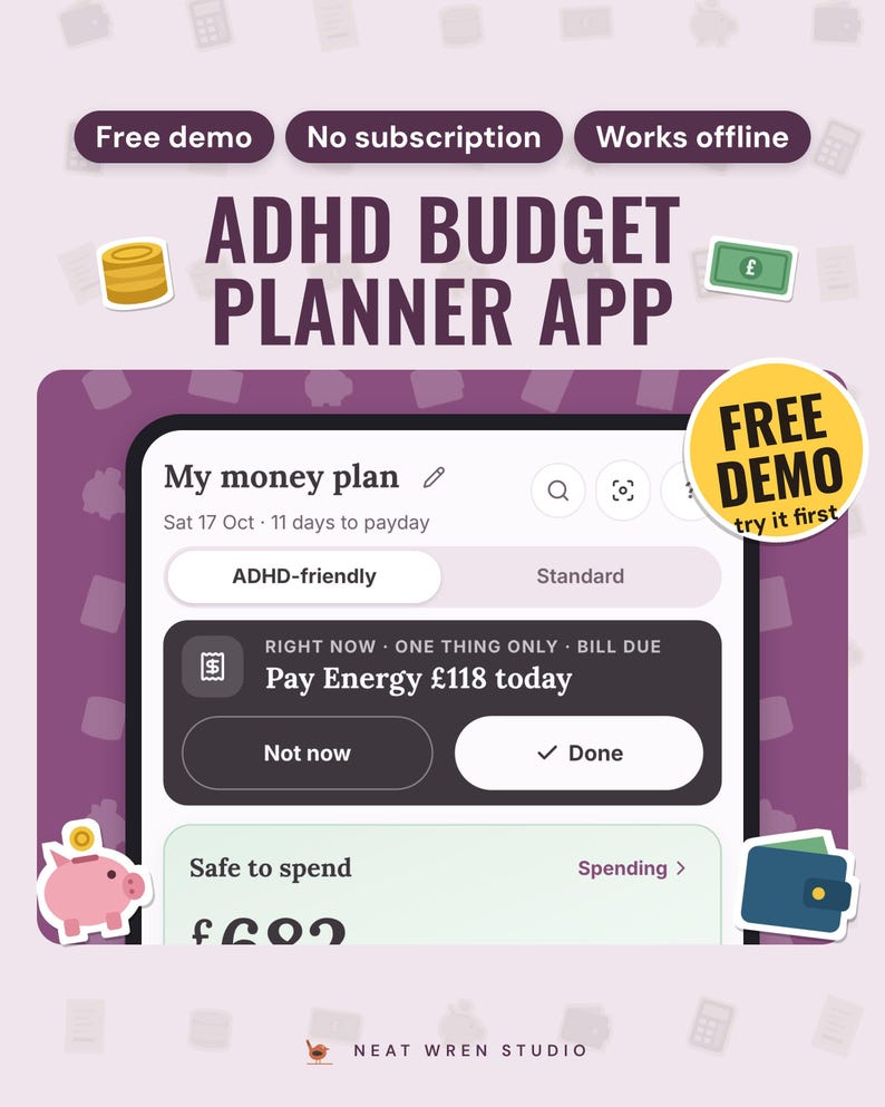 ADHD Budget Planner App: main listing photo showing the product with a 'Free demo' badge and flat coins, banknote, piggy bank and wallet icons. Digital product from Neat Wren Studio.