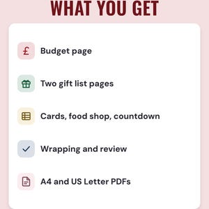 A white card under the headline What you get: a budget page, two gift list pages, cards, food shop and countdown pages, wrapping and review, and A4 and US Letter PDFs.