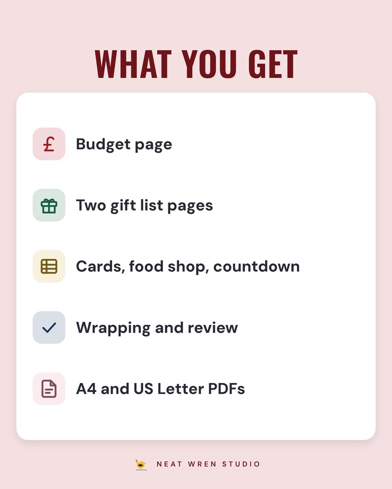 A white card under the headline What you get: a budget page, two gift list pages, cards, food shop and countdown pages, wrapping and review, and A4 and US Letter PDFs.