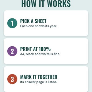How it works: pick a sheet for the right year, print at 100 percent on A4, mark it with its answer page.