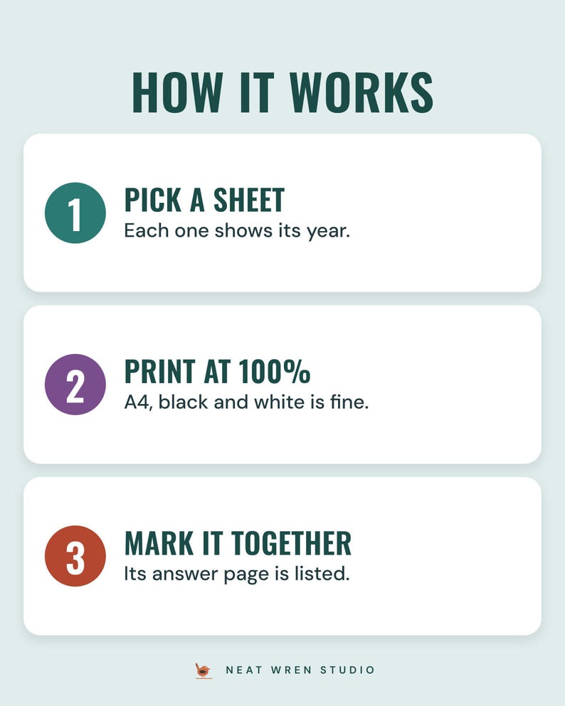 How it works: pick a sheet for the right year, print at 100 percent on A4, mark it with its answer page.