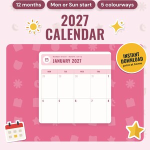 2027 Calendar Printable: main listing photo showing the product with an 'Instant download' badge and flat sun, sparkle, calendar and star icons. Digital product from Neat Wren Studio.