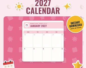 2027 Calendar Printable, Monthly Calendar and Year at a Glance | Monday or Sunday Start | 5 Colourways, A4 + US Letter, Tablet PDF