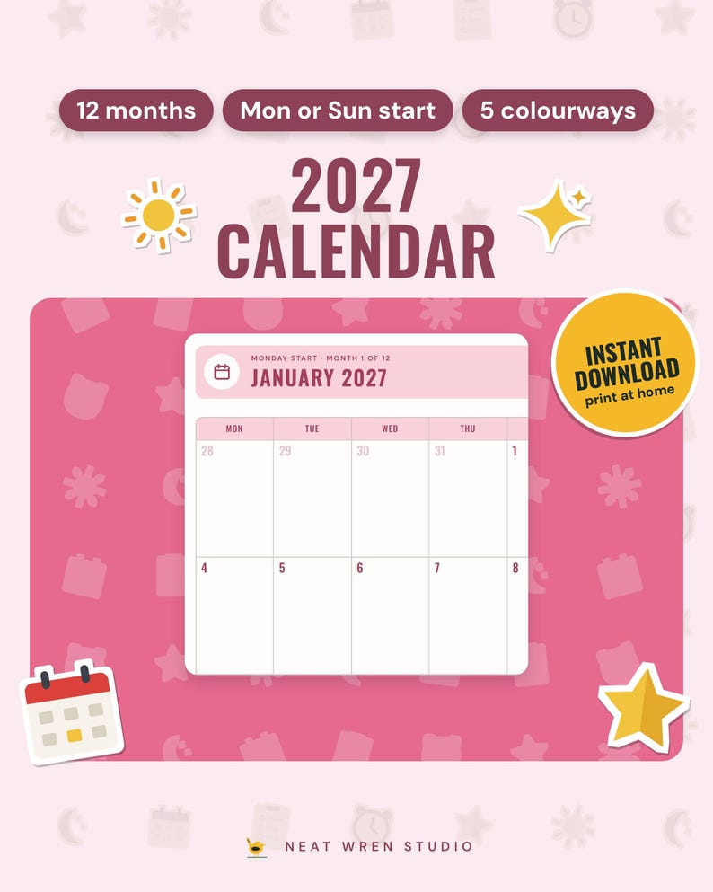 2027 Calendar Printable: main listing photo showing the product with an 'Instant download' badge and flat sun, sparkle, calendar and star icons. Digital product from Neat Wren Studio.