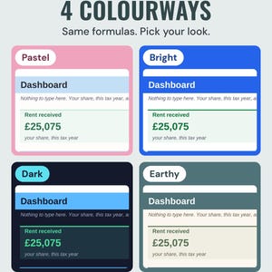 The landlord dashboard with £25,075 rent received in four colourways, Pastel, Bright, Dark and Earthy, under the headline 4 colourways, and the line Same formulas. Pick your look.