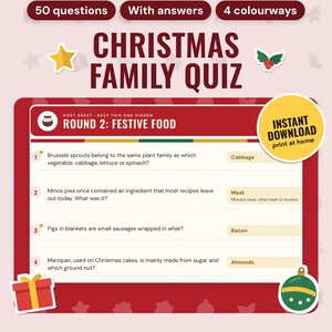 Christmas Quiz UK: main listing photo showing the product with an 'Instant download' badge and flat star, holly, present and bauble icons. Digital product from Neat Wren Studio.