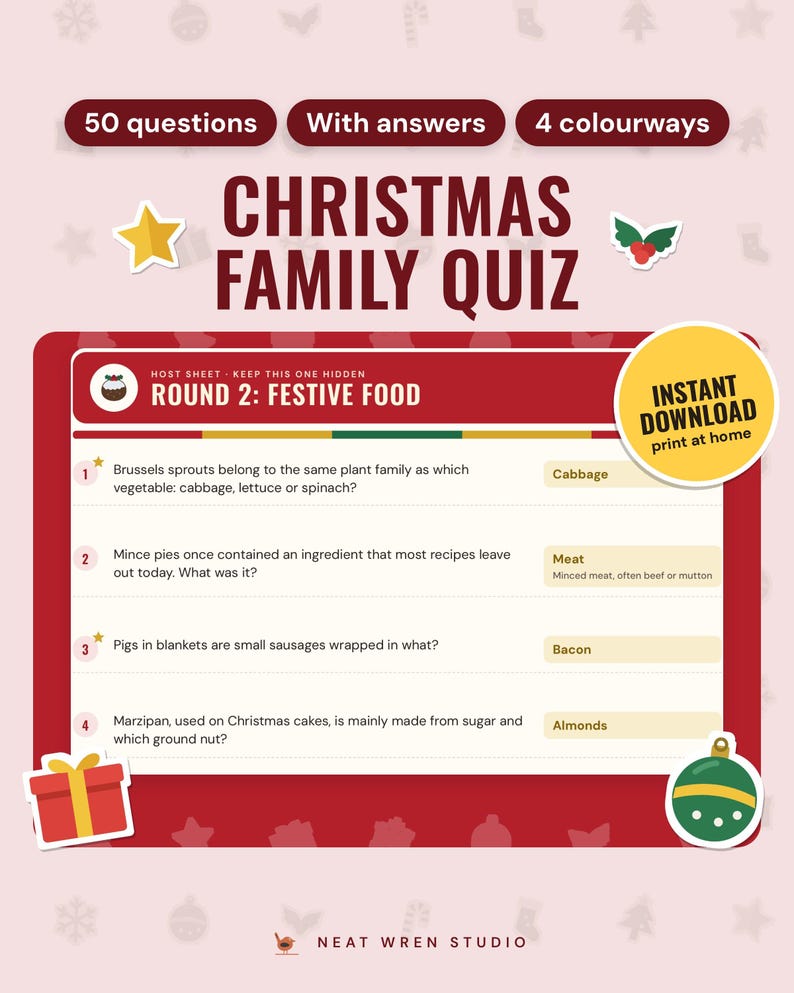 Christmas Quiz UK: main listing photo showing the product with an 'Instant download' badge and flat star, holly, present and bauble icons. Digital product from Neat Wren Studio.