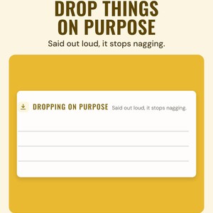 Close-up of the Dropping on purpose section of the weekly reset sheet, headed "Said out loud, it stops nagging", with lines to write on.