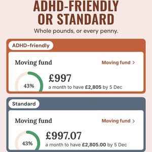 The moving fund card in ADHD-friendly mode showing £997 a month and in Standard mode showing £997.07, under the headline ADHD-friendly or standard.