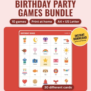 May include: A digital birthday party games bundle featuring 10 printable games in A4 and US Letter sizes. The image displays a Birthday Bingo card with 25 colorful icons including a juice, moon, butterfly, pizza, party blower, and a free star.
