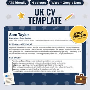 CV Template UK: main listing photo showing the product with an 'Instant download' badge and flat star, pencil, CV page and briefcase icons. Digital product from Neat Wren Studio.