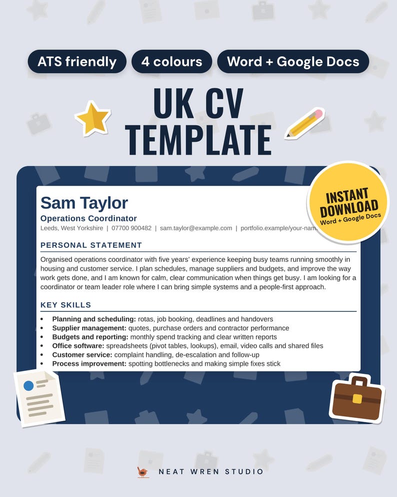 CV Template UK: main listing photo showing the product with an 'Instant download' badge and flat star, pencil, CV page and briefcase icons. Digital product from Neat Wren Studio.