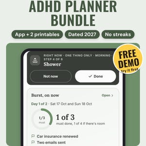 May include: ADHD Planner Bundle with app and two printables, dated 2027. The screen displays a task list including Shower, Burst on now, and tasks like Car insurance renewed. A yellow circle badge reads FREE DEMO try it first. Neat Wren Studio logo.