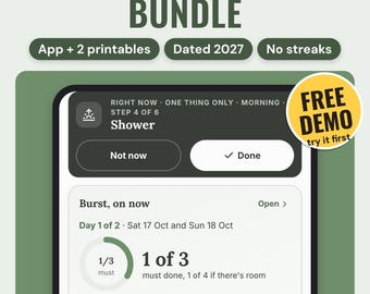 Puede incluir: ADHD Planner Bundle con aplicación y dos imprimibles, fechado en 2027. La pantalla muestra una lista de tareas que incluye Shower, Burst on now y tareas como Car insurance renewed. Un círculo amarillo dice FREE DEMO try it first. Logo de Neat Wren Studio.