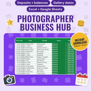 Photography Business Spreadsheet UK | Shoot Tracker, Deposits and Balances, Gallery Dates, Gear List, Tax Set-Aside (Google Sheets & Excel)