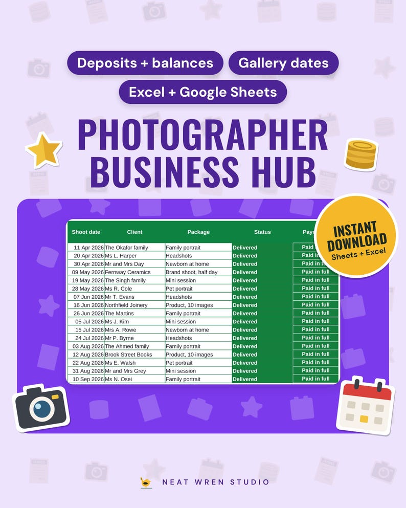 Photography Business Spreadsheet UK: main listing photo showing the product with an 'Instant download' badge and flat star, coins, camera and calendar icons. Digital product from Neat Wren Studio.