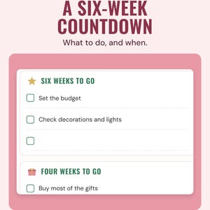 The six-week countdown checklist, from set the budget at six weeks to go to buy most of the gifts at four weeks, under the headline A six-week countdown.