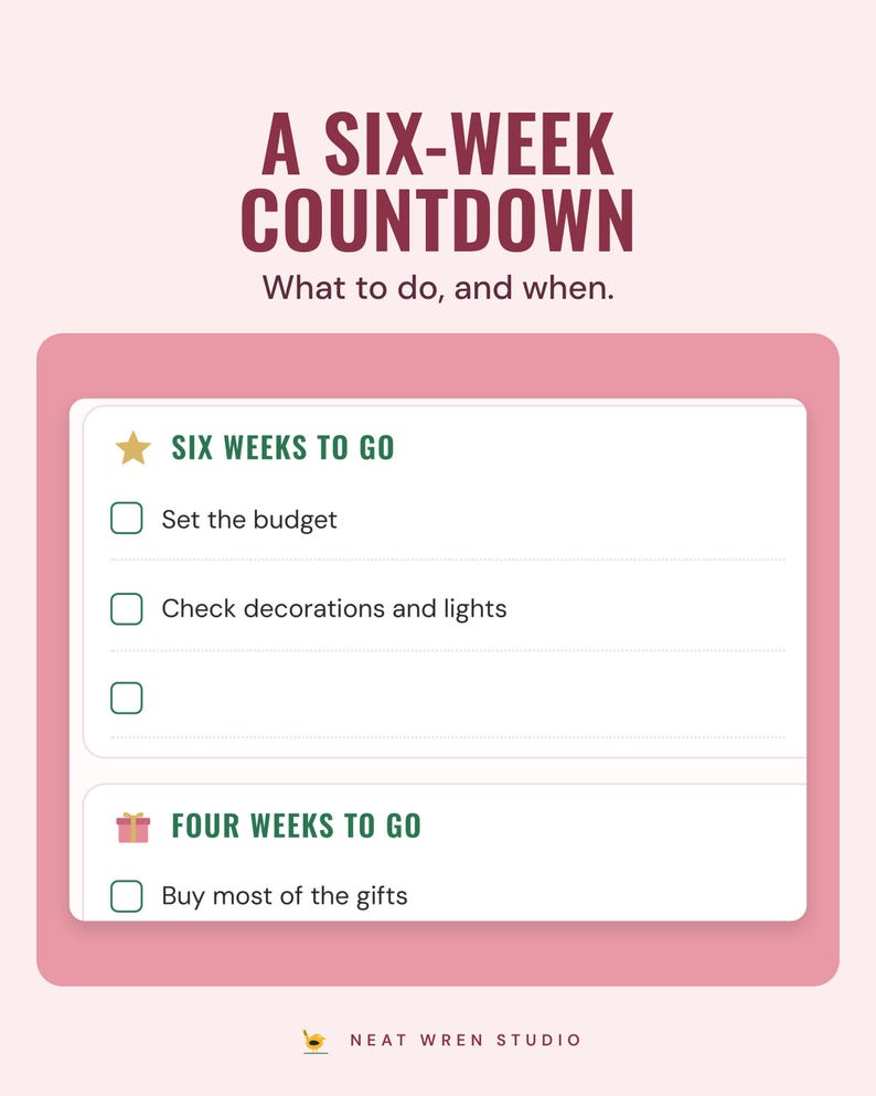 The six-week countdown checklist, from set the budget at six weeks to go to buy most of the gifts at four weeks, under the headline A six-week countdown.