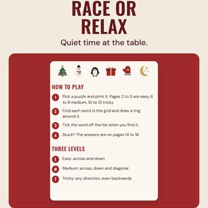 The word search how to play page with four steps and the three levels explained, under the headline Race or relax, and the line Quiet time at the table.