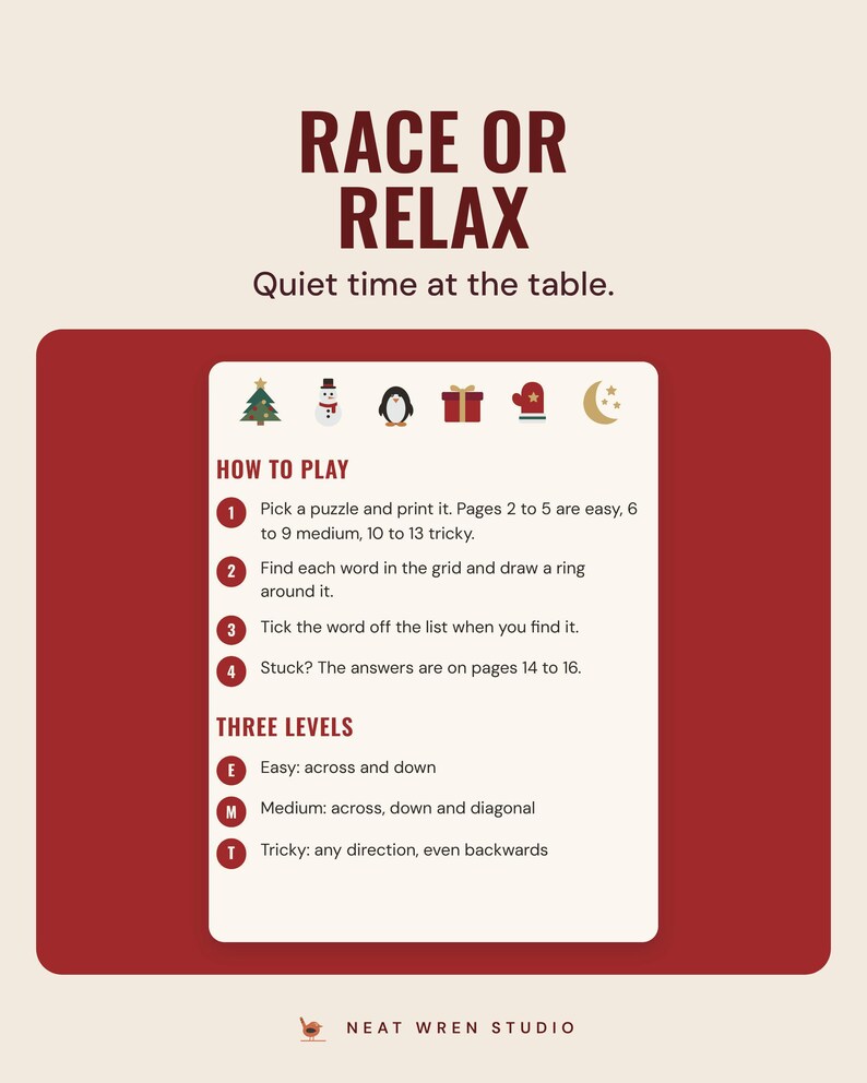 The word search how to play page with four steps and the three levels explained, under the headline Race or relax, and the line Quiet time at the table.