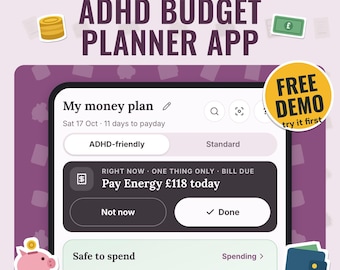 ADHD Budget Planner App | Safe to Spend Today, Bills, Debts and Savings Goals, Works Offline, Free Demo