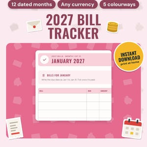 2027 Bill Tracker Printable: main listing photo showing the product with an 'Instant download' badge and flat envelope, coins, receipt and calendar icons. Digital product from Neat Wren Studio.