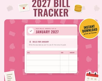 2027 Bill Tracker Printable, Dated Monthly Bill Checklist | Subscriptions, Year at a Glance | Any Currency, 5 Colourways, A4 + Letter