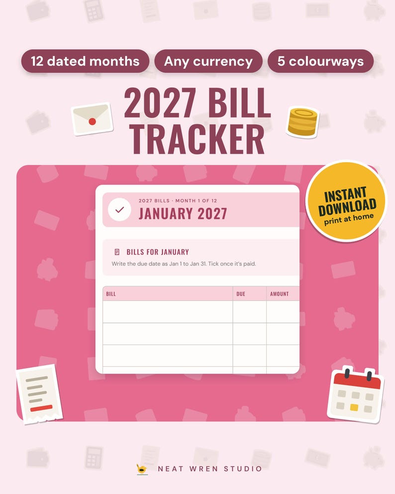 2027 Bill Tracker Printable: main listing photo showing the product with an 'Instant download' badge and flat envelope, coins, receipt and calendar icons. Digital product from Neat Wren Studio.