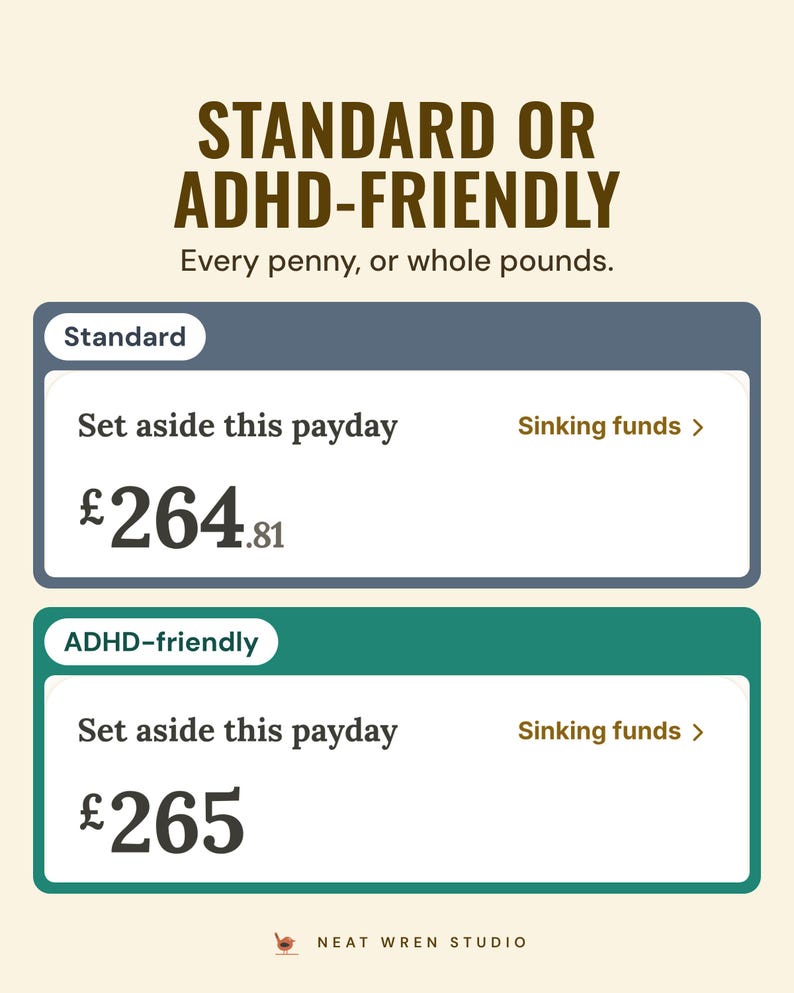 Standard and ADHD-friendly modes showing the set aside this payday total