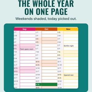 The year planner with a column for each month, weekends shaded and today picked out, under the headline The whole year on one page.