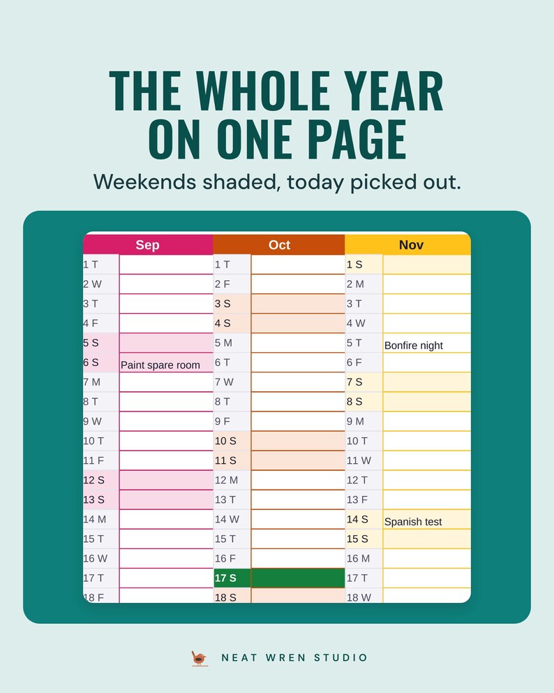The year planner with a column for each month, weekends shaded and today picked out, under the headline The whole year on one page.