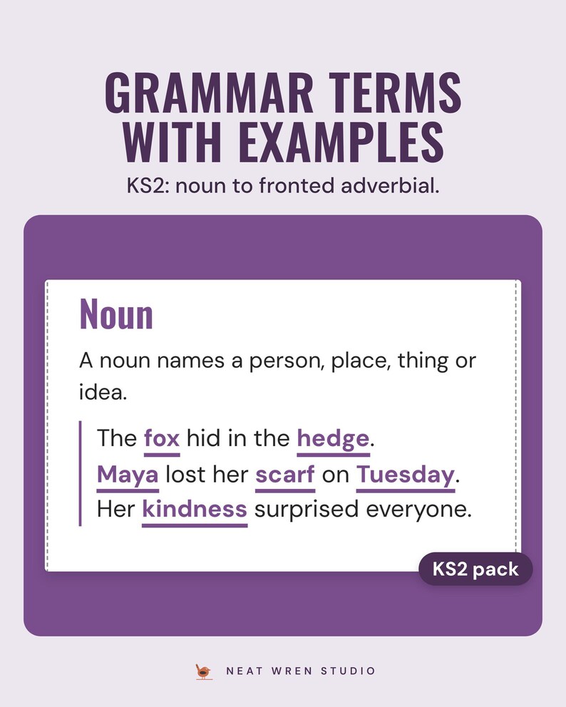 KS2 grammar term card for noun with a definition and example sentences, nouns underlined.