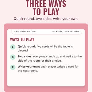 The ways to play box: a quick round, two sides of the room, or write your own, under the headline Three ways to play.