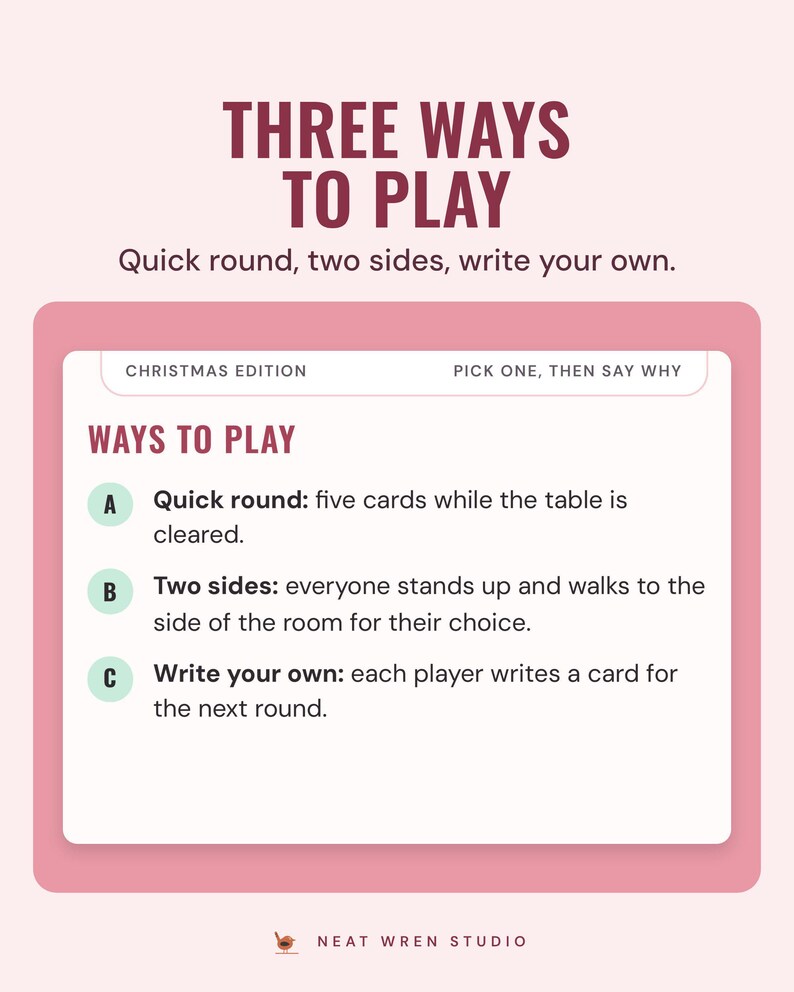 The ways to play box: a quick round, two sides of the room, or write your own, under the headline Three ways to play.