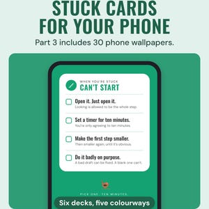A phone showing one of the 30 stuck-card wallpapers from Part 3: the green Can't start card with four small first steps.