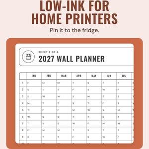 The low-ink 2027 wall planner in black outlines on white, under the headline Low-ink for home printers, and the line Pin it to the fridge.