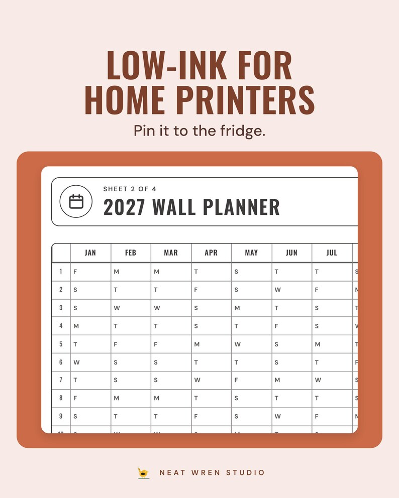The low-ink 2027 wall planner in black outlines on white, under the headline Low-ink for home printers, and the line Pin it to the fridge.